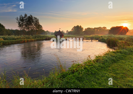 Alba sul fiume vicino a prova Longstock in Hampshire Foto Stock