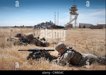 Airman Stuart Milne di prima classe aiuta i compagni della 124a Air Support Operations Squadron membri mentre comunicano con L'a-10 Thunderbolt II che conduce tiri di addestramento alla gamma Saylor Creek 5 agosto. Durante la 125° Air Support Operations la famiglia e i cari dello Squadron Kin Appreciation Day hanno potuto vedere da vicino le attrezzature utilizzate dai Joint Terminal Attack Controller per allenarsi e combattere, nonché pranzare e guardare LE corse di strafing CONDOTTE DA A-10 Thunderbolt II con il loro cannone gattling GAU-8. Foto Stock