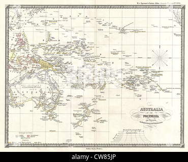 1855 Spruner Mappa di Australia e Polinesia con una panoramica delle scoperte e la colonizzazione Foto Stock