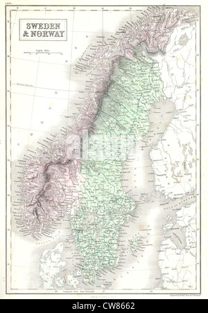 1851 NERO Mappa della Norvegia e della Svezia (Scandinavia) Foto Stock