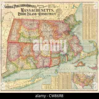 1900 Pubblicazione nazionale Railroad Mappa del Connecticut, Massachusetts e Rhode Island - Foto Stock