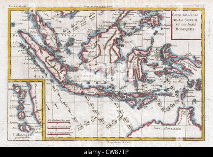 La mappa di Raynal e Bonne del 1780 delle Indie Orientali è una rappresentazione dettagliata del sud-est asiatico, incluse località chiave come Singapore, Giava, Sumatra e Borneo, dalla fine del XVIII secolo. Foto Stock