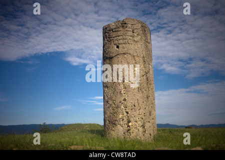 Una colonna decora il zapoteco città di Monte Alban, Oaxaca, Messico, 13 luglio 2012. Foto Stock