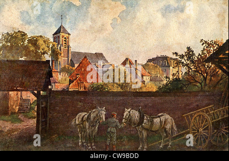 Soldato tedesco tendendo 2 white cart-cavalli da una parete marrone in un pittoresco villaggio delle Fiandre, vicino a Ypres, Belgio, 1914-15 Foto Stock