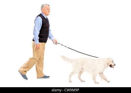 A piena lunghezza Ritratto di un uomo anziano a piedi un cane, isolato su sfondo bianco Foto Stock