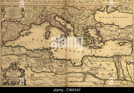 1685 Mappa del Mare Mediterraneo e terre costiere. Foto Stock