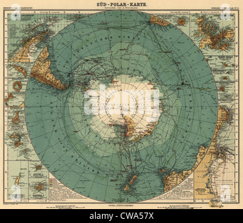 Mappa di Antartide e oceano circostante, e regioni meridionali del Sud America e Africa. 1912 Foto Stock