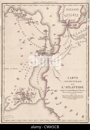 Xix secolo mappa raffigurante una posizione ipotizzata del continente immaginario di Atlantide della costa del Nord Africa. Foto Stock