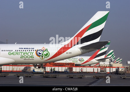 Dubai, Heckfluegel la compagnia aerea Emirates a Dubai International Airport Foto Stock