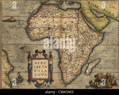1570 Mappa di Africa da Abraham Ortelius. Mappa mostra nomi di luogo,insediamenti,fiumi, laghi, montagne, coste e isole. Sud Foto Stock