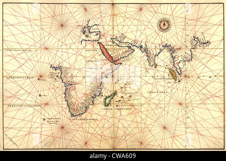 1544 carta nautica dell'Oceano Indiano mostra Africa, Asia del Sud, le Indie Orientali, India e Australia. L Australia è Foto Stock
