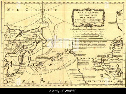 1747 mappa che mostra l'Alaska come un territorio russo. Il russo del xviii secolo l'espansione verso est esteso al di là della Siberia al nord Foto Stock