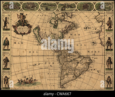 1660 mappa dell emisfero occidentale, indicando le conoscenze geografiche e di insediamento europeo. La California è mostrato come un Foto Stock