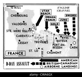 Il D-Day, mappa dettagliata alleati invasione della Normandia, Francia, 1944. La cortesia: CSU Archivi / Everett Collection Foto Stock