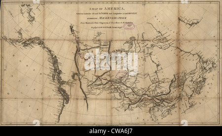 Un 1801 Mappa del Nord America che mostra Alexander Mackenzie è via da Montreal a Fort Chipewyan, al mare del Nord, poi a Foto Stock