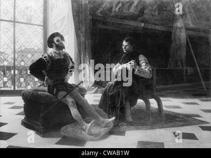 Niccolò Machiavelli (1469-1527) in un immaginato scena con Borgia, Cesare. Machiavelli detenute Borgia come un esempio della nuova Foto Stock