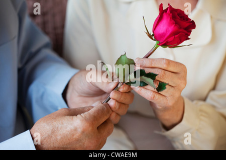 Senior dando l uomo è salito a senor donna Foto Stock