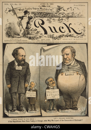 1880 elezione presidenziale cartoon, mostrando i candidati Garfield, Chester Arthur Samuel J. Tilden e David Davis Foto Stock