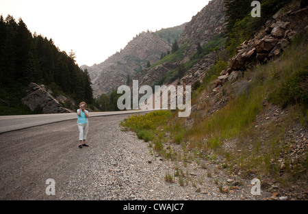 Donna prendendo ancora in grandi pioppi neri americani Canyon, Salt Lake County, Utah, Stati Uniti d'America Foto Stock