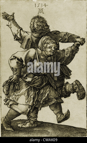 Dancing tedesco giovane contadina. Albrecht Dürer incisione di 1514. Foto Stock