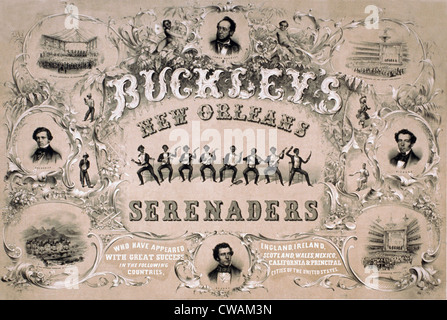 Poster per BUCKLEY NEW ORLEANS SERENADERS, una touring minstrel show del 1850, include i ritratti degli animatori bianco Foto Stock