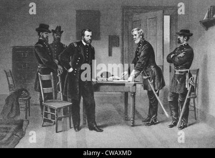 Accampati generale Robert E. Lee si arrende all Unione generale Ulysses S. Grant ad Appomattox Court House, Virginia, 9 aprile Foto Stock