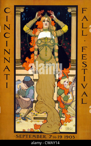 Poster per i Cincinnati Fall Festival, che mostra una donna seduta su un piedistallo ponendo una corona sul suo capo e arte da indossare Foto Stock