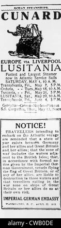 La prima guerra mondiale, giornale annuncio della vela del Lusitania e avviso dall'ambasciata tedesca di avvertimento di passeggeri Foto Stock