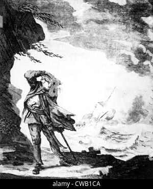 Edward bassa, (aka Edward Lowe), pirata inglese mostrato sulla riva guardando un affondamento della nave in un uragano, c. 1720. Foto Stock