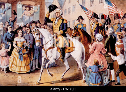 George Washington entrata di assumere la carica di New York in America come il primo presidente, 1789, Currier & Ives Stampa 1857 Foto Stock