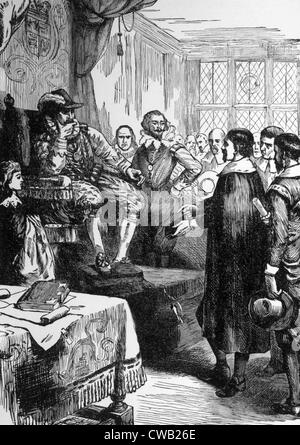 Re Giacomo I (1566-1625), ha governato Inghilterra 1603-1625. Puritans conferire con King James I. Foto Stock