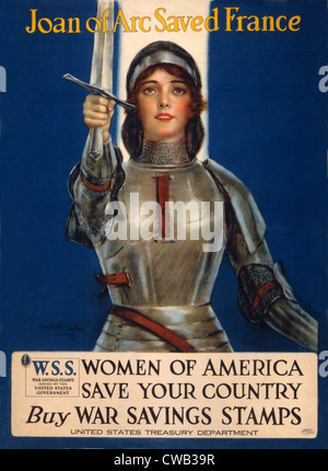 La prima guerra mondiale, Poster raffigurante Giovanna d Arco solleva una spada, titolo originale: "Giovanna d Arco salvato Francia, donne d'America, salva il tuo Foto Stock