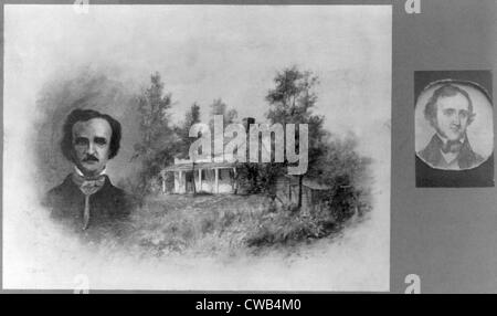 Edgar Allan Poe, (1809-1849), composito di testa e spalle ritratto di Edgar Allan Poe e Fordham House di New York, Novembre Foto Stock