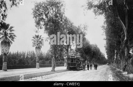 La California, la California il patrimonio di agrumi Progetto di registrazione, vista di Magnolia Avenue con electric street car, Riverside County, Foto Stock