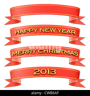 Set di rosso e oro nastri isolato su bianco - Buon Natale e Felice Anno Nuovo / 2013 / Bianco Foto Stock