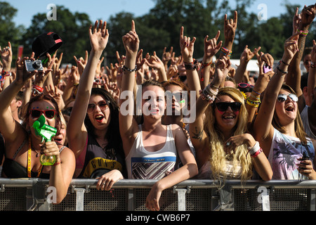 Gli appassionati di musica in mezzo alla folla con le mani fino a V Festival, Hylands Park 18 Agosto 2012 Foto Stock