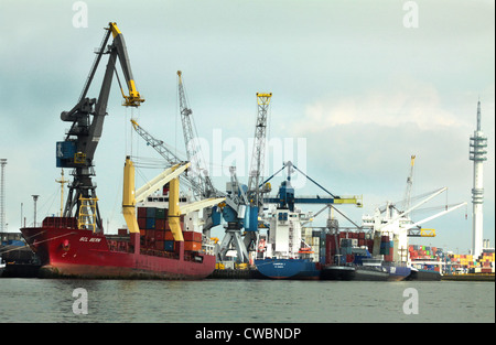 Costiera alimentatore e navi portacontainer a fianco la banchina del porto di Rotterdam Foto Stock