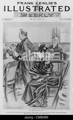 Lizzie Borden, sul banco di prova per l'ascia omicidi del suo passo-madre e padre nel 1893. Il suo avvocato difensore, Ex-Governor George Foto Stock