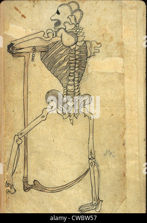 Scheletro umano appoggiato su di un piedistallo disegnato in inchiostro e grigio chiaro da lavaggio a Persiano Traduzione di un medico arabo libro. Il Foto Stock