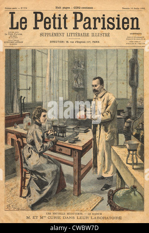 I fisici Pierre e Marie nel loro laboratorio di Parigi, 1904, poco dopo che essi sono stati assegnati i 1903 Premio Nobel per la loro Foto Stock