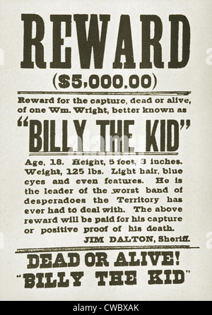 Manifesto Wanted per Billy the Kid (1859-1881) offrendo $5000 dollari ricompensa, probabilmente rilasciato in Nuovo Messico territorio, dopo egli Foto Stock