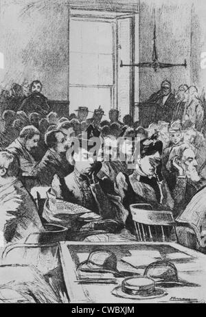 Lizzie e sua sorella Emma (con la mano che copre il volto) in aula durante la Lizzie sul periodo di prova per l'ascia assassini di sua Foto Stock