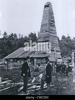 L'originale 1859 Drake pozzo di petrolio in Titusville, Pennsylvania, il primo mai praticato negli Stati Uniti Edwin Drake (in top hat) e Foto Stock