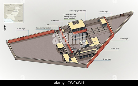 Noi lo schema militare di la villa fortificata di Osama Bin Laden nel nord della città pakistana di Abbottabad. Il 3 maggio 2011. Foto Stock