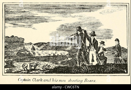 Illustrazione da Lewis e Clark ufficiale del corpo della scoperta da 1803-6. "Capitano Clark e i suoi uomini orsi di ripresa.". Foto Stock