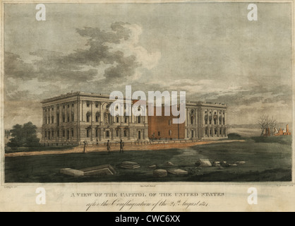 Bruciata Capitol. Una vista del Campidoglio degli Stati Uniti nella città di Washington dopo gli incendi impostata dall'esercito britannico il 24 agosto 1814. Foto Stock