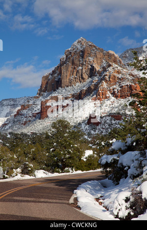 In inverno la neve su Schnebly Hill Road, Coconino National Forest, Sedona, in Arizona. Foto Stock