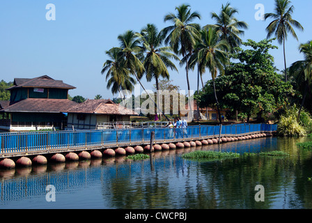 Ponte galleggiante a Veli villaggio turistico sopra la parte superiore del Kerala Backwaters.ristorante galleggiante e Palm il paesaggio sullo sfondo Foto Stock