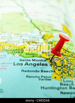 Città americane: Los Angeles contrassegnati con perno rosso sulla mappa Foto Stock