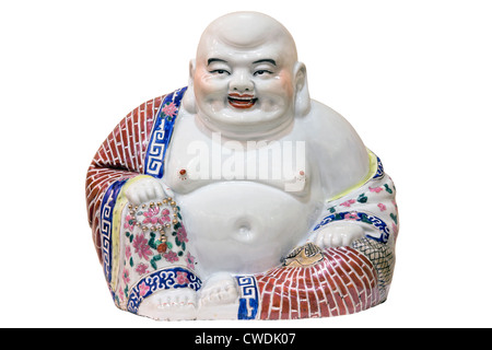 Ho Tai felice ridere Budda seduto porcellana figura isolata su sfondo bianco Foto Stock